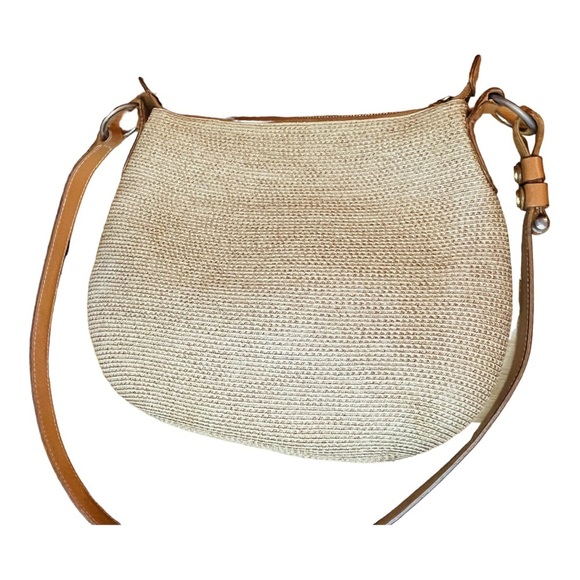 ERIC JAVITS WOVEN SQUISHEE CROSSBODY BAG TAN BROWN GOLD STRAW LEATHER - Picture 9 of 12